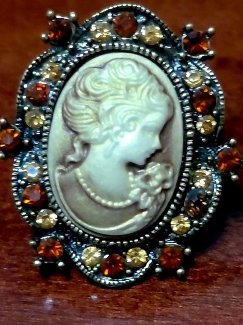 Vintage Topaz Rhinestone Cameo Ring - Antique Gold Tone - Adjustable Band